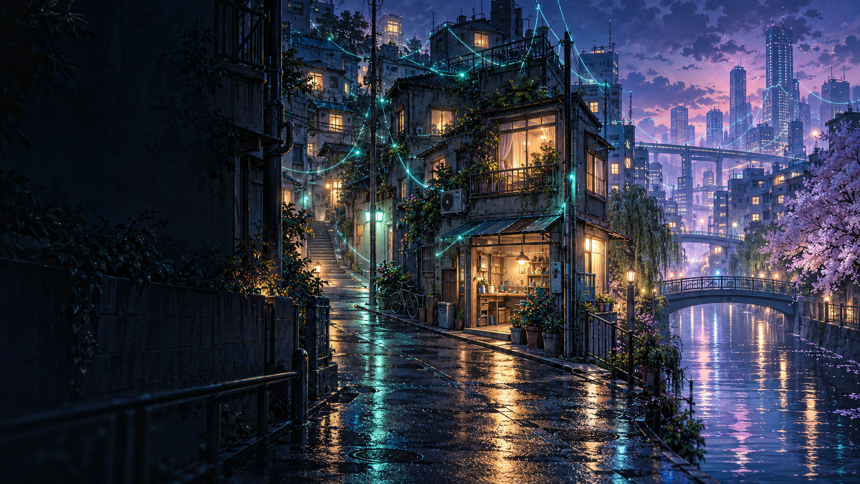 雨上がりの街と未来の都市を、光のネットワークがつなぐGhost Hacker Worldのイメージ